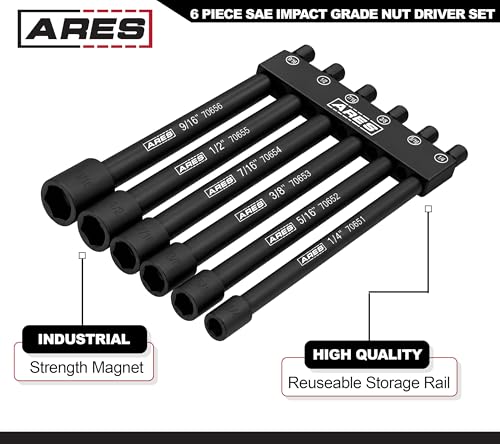 ARES 70650 6-Piece SAE Magnetic Impact Nut Driver Bit Set | Impact Grade Nut Setters with Industrial Strength Magnets - size: 6pc SAE Magnetic Impact Nut Driver Set