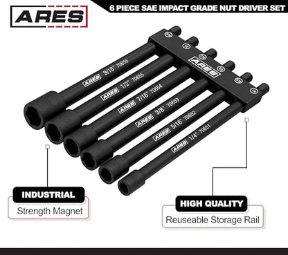 ARES 70650 6-Piece SAE Magnetic Impact Nut Driver Bit Set | Impact Grade Nut Setters with Industrial Strength Magnets - size: 6pc SAE Magnetic Impact Nut Driver Set