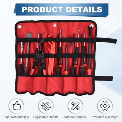 17Pcs Hook and Pick, Rotary Head Magnetic Pickup Tool Clip Pliers Plastic Pry Pieces Large Small Hook Pry Bar Gasket Scraper for Remove Hoses Gaskets Car Panel Fastener, Red - color: Red