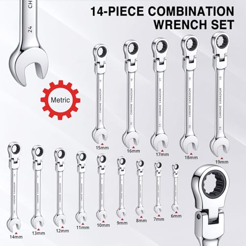 Flex Head Ratcheting Wrench Set, 14-Piece Metric Ratchet Wrenches Set 6-19mm, 72-Tooth CR-V Steel Combination Wrench Set with Roll Up Pouch, Ideal for Automotive Repair - size: 14-pcs + Red Pouch