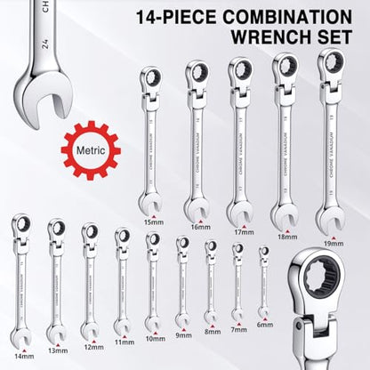 14-Piece Flex Head Ratcheting Wrench Set, Metric Combination Wrenches Set 6-19mm, 72-Tooth, CR-V Steel, Ideal for Tight Spaces, Automotive Repair - size: 14-pcs + Yellow Pouch