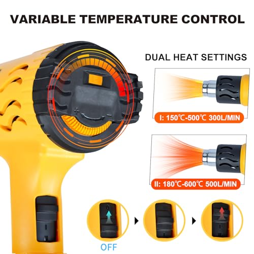 1800W Heat Gun for Crafting - 100℉ to 1200℉ Variable Temperature, 4 Nozzles & Overload Protection - Hot Air Gun for Shrink Tubing, Epoxy Resin, Paint Removing, DIY Projects - color: Yellow-4