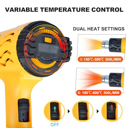 1800W Heat Gun for Crafting - 100℉ to 1200℉ Variable Temperature, 4 Nozzles & Overload Protection - Hot Air Gun for Shrink Tubing, Epoxy Resin, Paint Removing, DIY Projects - color: Yellow-4
