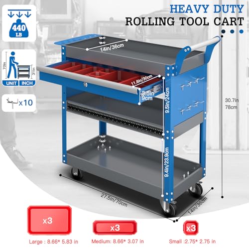 3 Tier Rolling Tool Cart on Wheels,Mechanic Tool Cart with Lockable Drawers,440 LBS Load Capacity Tool Storage Cart with Pegboard and Hook,Industrial Utility Cart,for Garage, Workshop and Warehouse