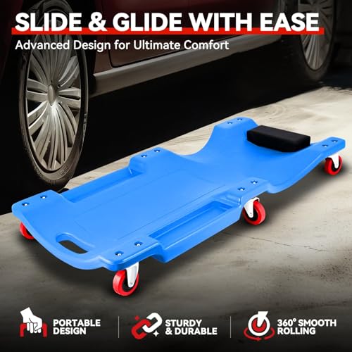 Auto Dynasty 36 Inches Mechanic Creeper, Automotive Garage Repair Low Profile Under Car Rolling Creeper with Padded Headrest, Plastic, Blue - color: Blue, size: 36" L