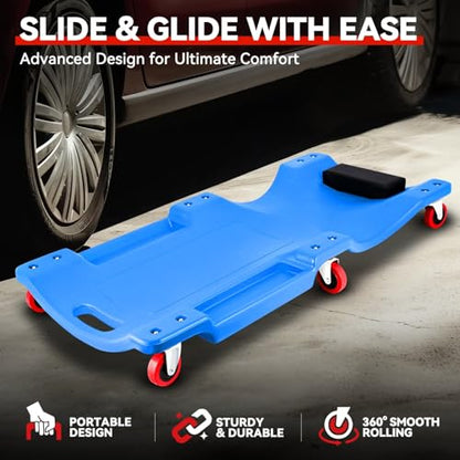 Auto Dynasty 36 Inches Mechanic Creeper, Automotive Garage Repair Low Profile Under Car Rolling Creeper with Padded Headrest, Plastic, Blue - color: Blue, size: 36" L