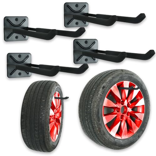 Heavy Duty Garage Tires Hooks Wall Mounted Hanger Tool Organizer Rack Hardware Steel Metal Multi-Tools Storage Utility Hooks with Screws and Anchors(4, Black) - size: 4 Pack