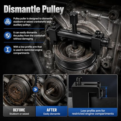 Pulley Puller Tool & 17mm Hex Wrench,High Strength Crankshaft Pulley Removal Tool Fits 40-160mm Pulleys,Universal Crank Pulleys Removal Tools for Crankshafts & Water Pumps