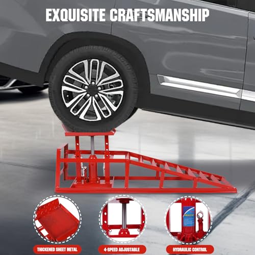 2-Piece Low Profile Hydraulic Car Ramps, Heavy Duty Lift Car and Truck Service Ramps for Oil Changes, 5 Ton Capacity Adjustable Ramp for Routine Vehicle Maintenance