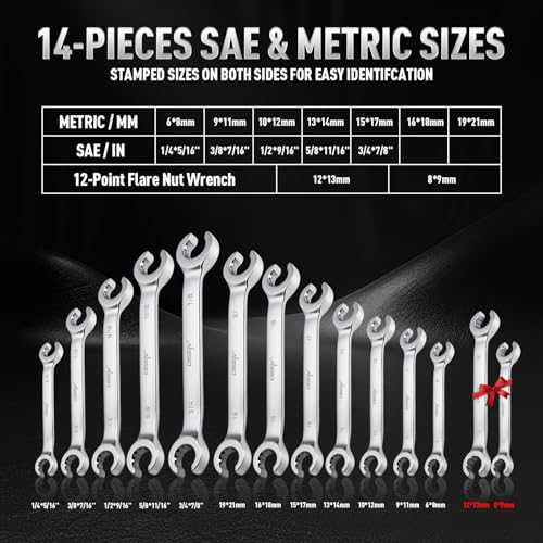DISEN 16-Piece Flare Nut Wrench Set with PTFE Tape | Metric and SAE Inch1/4 to 7/8" & 6-21mm, CR-V Steel Brake Line Wrench Set with Organizer Pouch,Father's Gift - style: Silver Flare Nut Wrench Set