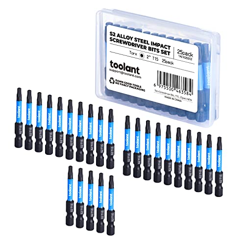 toolant 2” Impact Torx Bits 25pack (T15), 1/4” Hex-Shank S2 Steel Screwdriving Star Bits, CNC Machined Tips Magnetic Power Bits, with Storage Box - size: T15(2"*25pcs)