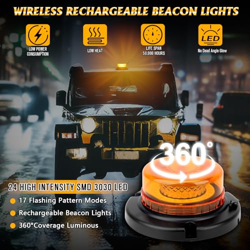 Remote Control Beacon Light, Rechargeable Wireless Amber Flashing Lights with Magnetic,15 Modes, High Low Brightness for Snowplow Tow Work Trucks Tractor - color: Amber