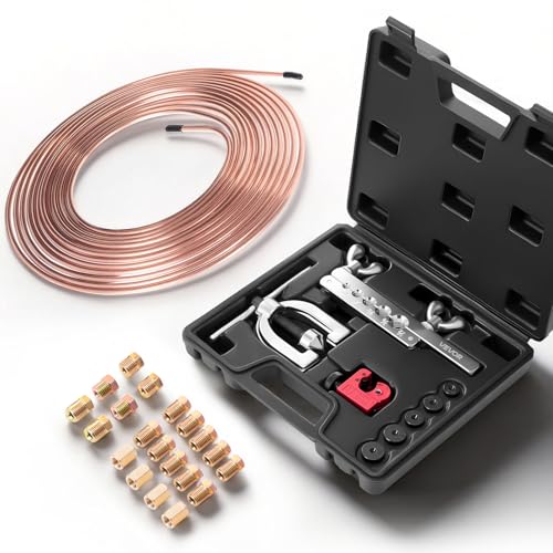 VEVOR 3/16" Brake Line Repair Kit, 45° Double & Single Brake Line Flaring Tool Kit, 25FT Copper Coated Brake Line (with 16 Fittings & 4 Unions) - Tube Cutter, 5 Adapters and Toolbox Included - size: 3/16"-1/2"