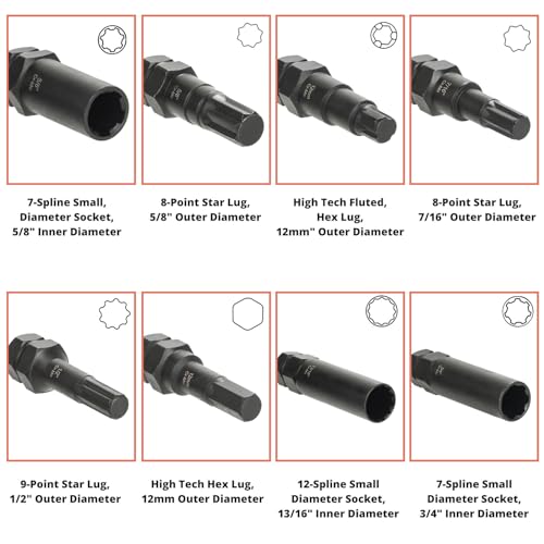 6 & 7 Spline Socket Set with Lock Key - Locking Lug Nut Removal Tool for Aftermarket Wheel Installation & Removal (16-Piece)
