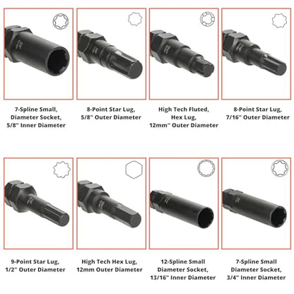 6 & 7 Spline Socket Set with Lock Key - Locking Lug Nut Removal Tool for Aftermarket Wheel Installation & Removal (16-Piece)