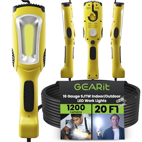 GEARit 20ft LED Work Light COB 1200LM 10W, Corded Shop/Drop Light with Magnetic Base, Swivel Hook & Built-in Outlet, 16/3 SJTW Trouble Light for Mechanics, Garage, Under Hood, Yellow - color: Yellow, size: 20 Feet