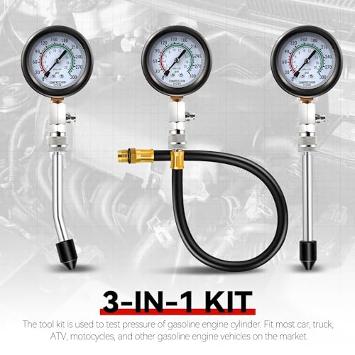 Auto Dynasty 8 Pieces Compression Tester Kit - 3-IN-1 Engine Compression Tester Gauge Automotive Quick and Accurate Cylinder 0-300 PSI Pressure Measurement Tool