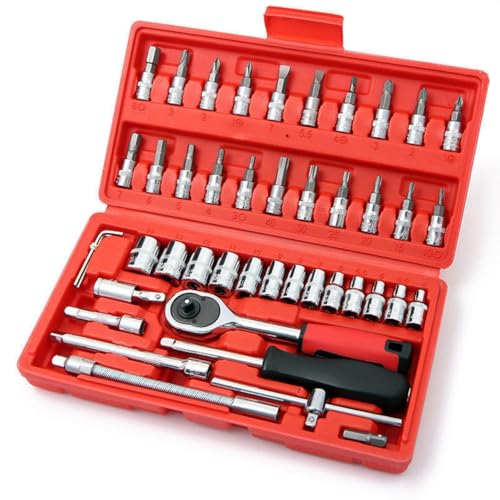 YWHWXB 46 Pieces Mechanic Tool Kit 1/4” Dr. Ratchet Socket Wrench Set with Storage Case, Includes Bit Sockets and Extension Bar - size: Full Size