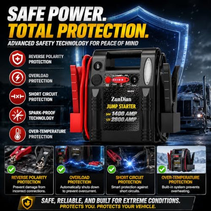 12V/24V Jump Starter - ZunDian 2800/1400 Amp Heavy Duty Battery Booster Pack, Portable Emergency Power for Cars, Trucks, SUVs, Tractors, Jump Box with USB/DC Power Unit