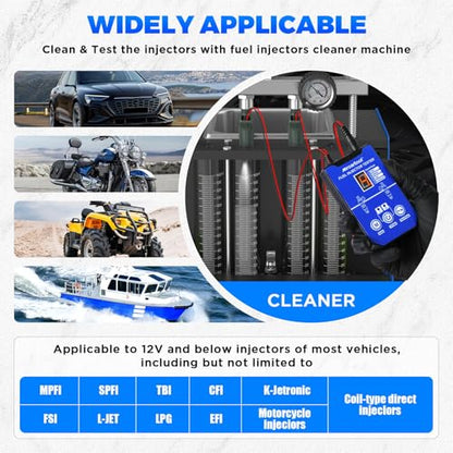 Fuel Injector Tester Cleaner Kit for Auto & Motorcycle | 8 adjustable pulse modes; compatible with 12V/5V; 6 size adapters; LCD display; dual channel 4-wire design