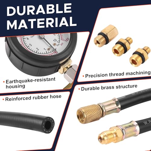 Fuel Pressure Detector kit 0-140 PSI, Universal Fuel Injection Pump Pressure Gauge kit with Quick Release Valve. ((TU-114Black)