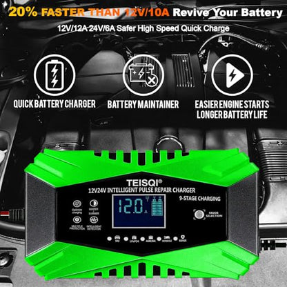 Battery Charger,12-Amp 12V/24V Smart Battery Trickle Charger | Automotive Battery Maintainer Desulfator,with Temperature Compensation,for Car Motorcycle Mower Lead Acid/LiFePO4