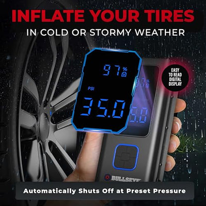 POCKET AIR Tire Inflator Portable Air Compressor by BULLSEYE for Tires, Balls, Bike with Persta Valve, Auto Shut Off, Inflates in 2 Min, Cordless Rechargeable 4000MAH,100 PSI, SoS Light - style: Original