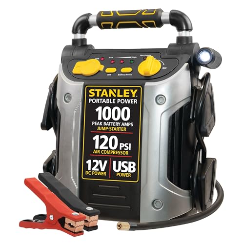STANLEY J5C09 1000 Peak Amp Automotive Jump Starter, Portable Power – 2.1A/10W USB Port, 12V Outlet, 120 PSI Air Compressor for Tires, Bikes & Sports Equipment | Portable Power, 2.1A/10W USB Port, 12V Outlet, 120 PSI Air Compressor for Tires, Bikes & Spor