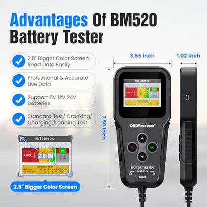OBDResource Car Battery Tester 6V 12V 24V 3 in1 Battery Load Tester Professional Automotive Battery Analyzer Alternator 100-2000 CCA Battery Loading/Cranking/Charging Test - color: black