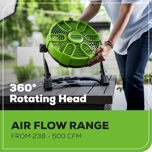 Greenworks 24V 10" (5-Speed) Hybrid Fan (500 CFM) and 500 Lumens Lantern, with 2×2.0Ah Battery and Charger - size: 2PCS Combo Kits(Fan+Camping Light)