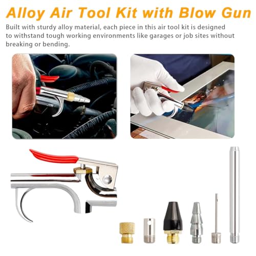 7PCS Air Compressor Accessories Kit, 1/4" NPT Quick Connect Air Tool Set for Compressor, Includes Blow Gun, Extension Nozzle, Rubber Tip, Inflation Needles & Adapter – Alloy Construction