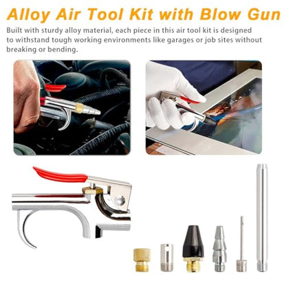 7PCS Air Compressor Accessories Kit, 1/4" NPT Quick Connect Air Tool Set for Compressor, Includes Blow Gun, Extension Nozzle, Rubber Tip, Inflation Needles & Adapter – Alloy Construction