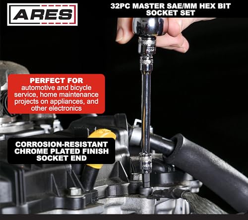 ARES 31030 32-Pc Master SAE & Metric Hex Bit Socket Set - 1/4,3/8,1/2-In | Knurled Drive Ends; Durable Latching Storage Case - size: Master SAE and Metric Hex Bit Socket Set