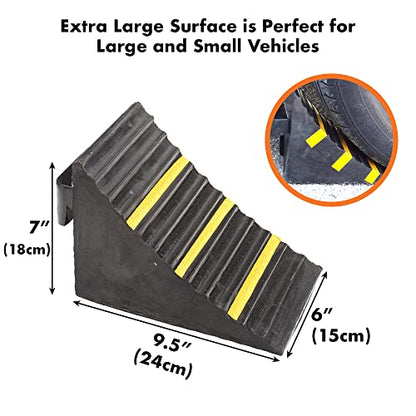 2 Pack Black Heavy Duty Extra Large Solid Rubber Wheel Chock with Portable Handle for Travel Trailer, Truck, Commercial Vehicle and RV, 9.5 Inches x 6 Inches x 7 Inches