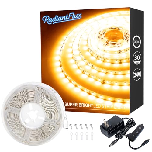 RadiantFlux 30ft Warm White Led Strip Lights for Living Room, Home Decor, 540 LEDs, Dimmable, Super Bright Flexible LED Light Strips for Bedroom, Kitchen, Vanity Mirror, House Warming Gifts New Home - color: Dimmable Warm White, size: 30FT