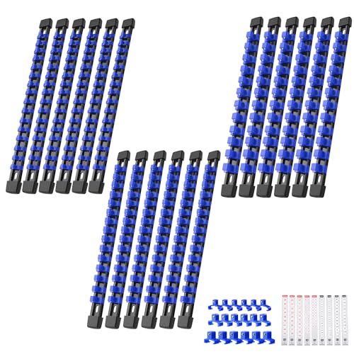 Reniteco 18-Pack Socket Organizer Set, 1/4" x 96 3/8" x 90 1/2" x 72 Clips | 258 Clip Capacity, Havy-Duty ABS Socket Rails, Removable Clips, Drive Socket Storage, Toolbox Drawer or Wall Mount - color: Blue, size: 18 Pcs