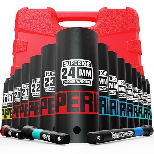 18 Piece 1/2" Drive Impact Socket Set, 10 mm - 24 mm Deep Socket, with Extension Bars:3-inch, 5-inch, 10-inch, Metric, 6-Point, CR-V Steel, Automotive Maintenance, Machinery Manufacturing - size: 1/2" Large Metric