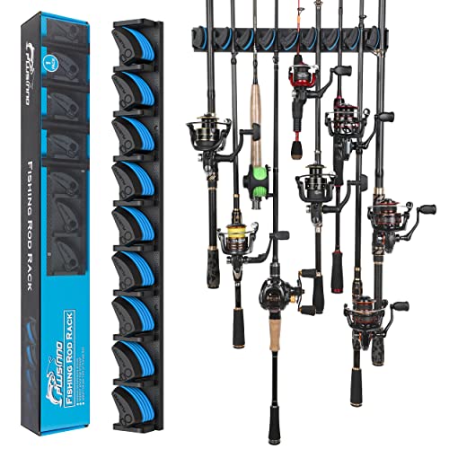 PLUSINNO Vertical Fishing Rod Holder, Wall Mounted Fishing Rod Rack, Fishing Pole Holder Holds Up to 9 Rods or Combos, Fishing Rod Holders for Garage, Fishing Gear and Gifts for Men - style: Blue 1-pack (store 9 combos)
