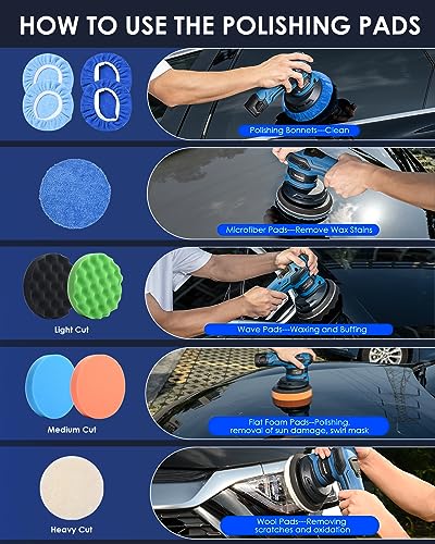 Cordless Car Buffer Polisher 6IN 2x2.0Ah 21V Batteries, 21pcs Attachments | Cordless Polisher with LED Display, 6 Variable Speed to 4500OPM, 8mm Orbital Buffer Polisher Kit for Car Detailing/Polishing