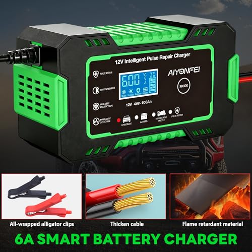 12V 6-Amp Battery Charger, Smart Trickle Charger Maintainer Green | Battery Desulfator, Winter & Summer Mode, Lead-acid Battery Chargers, for Car Truck Motorcycle Lawn Mower Boat - color: GREEN