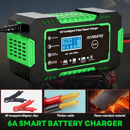 12V 6-Amp Battery Charger, Smart Trickle Charger Maintainer Green | Battery Desulfator, Winter & Summer Mode, Lead-acid Battery Chargers, for Car Truck Motorcycle Lawn Mower Boat - color: GREEN