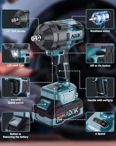 21V Cordless Impact Wrench Kit, 1200Ft-lbs (1600N.m) 1/2" Brushless Impact Gun with 6 Mode Speed, Electric 2600RPM High Torque Power Impact Driver for Car Truck Mower (1600Nm)