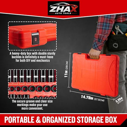 ZHAX 3/8 Inch Drive 6 Point Impact Socket Set, 72 PCS Standard SAE(5/16"- 3/4") & Metric(8-22mm) With Spark Plug, Deep & Shallow, 72T Wrench Ratchet Tool Kit,Cr-V With Heavy Duty Storage Case - size: 3/8" drive hex point