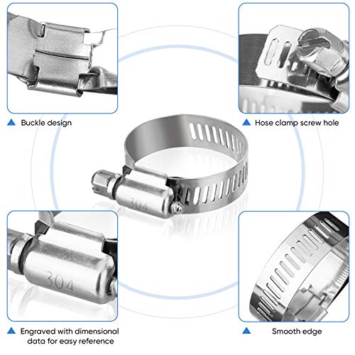 TICONN 60PCS Hose Clamp Set - 1/4''–1-1/2'' 304 Stainless Steel Worm Gear Hose Clamps for Pipe, Intercooler, Plumbing, Tube and Fuel Line - size: 60 Pcs Kit, Combo