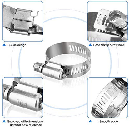TICONN 60PCS Hose Clamp Set - 1/4''–1-1/2'' 304 Stainless Steel Worm Gear Hose Clamps for Pipe, Intercooler, Plumbing, Tube and Fuel Line - size: 60 Pcs Kit, Combo
