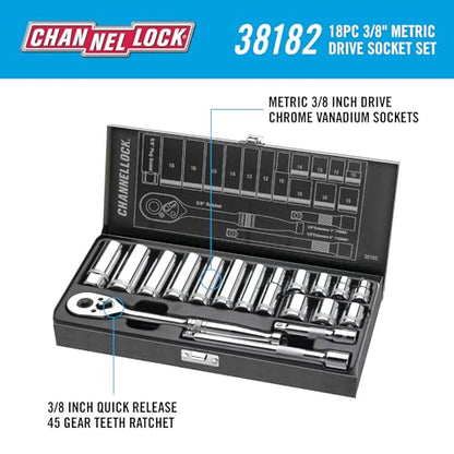Channellock 38182 3/8" Drive Metric Socket set, 18 Piece - size: 18 Piece Metric - 3/8" Drive