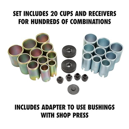 OEMTOOLS 27212 Manual Bushing Removal Tool Set, Suspension and Wheel Bearing Service Kit, 20 Cups and Adapters for Bushing, Seal, and Bearing Replacement, Control Arm and Axle Repair