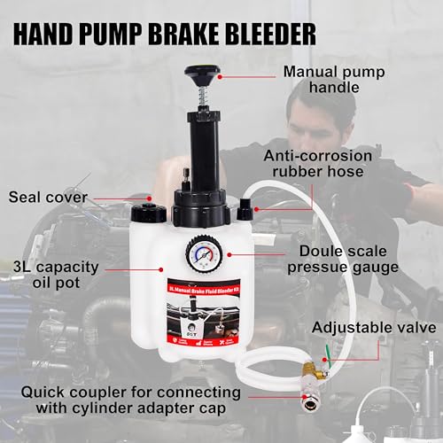 SGT 3L Brake Bleeder Kit，Manual Brake Bleeder Fluid Pump with 1L Brake Fluid Bleed Bottle and 4 Master Cylinder Adapters for Most Vehicles