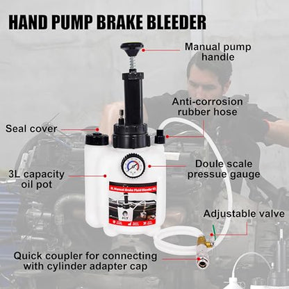 SGT 3L Brake Bleeder Kit，Manual Brake Bleeder Fluid Pump with 1L Brake Fluid Bleed Bottle and 4 Master Cylinder Adapters for Most Vehicles