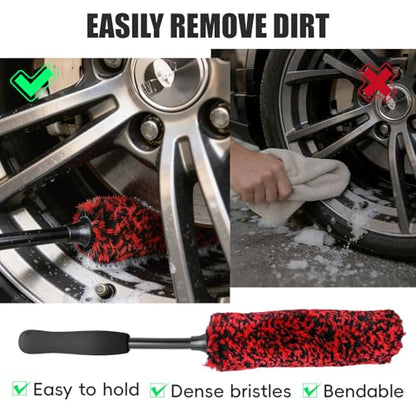 4PCS Long Handle Wheel Brush Kit,Bendable and Durable Wheel Rim Cleaner Brush Set Red - size: 4PCS